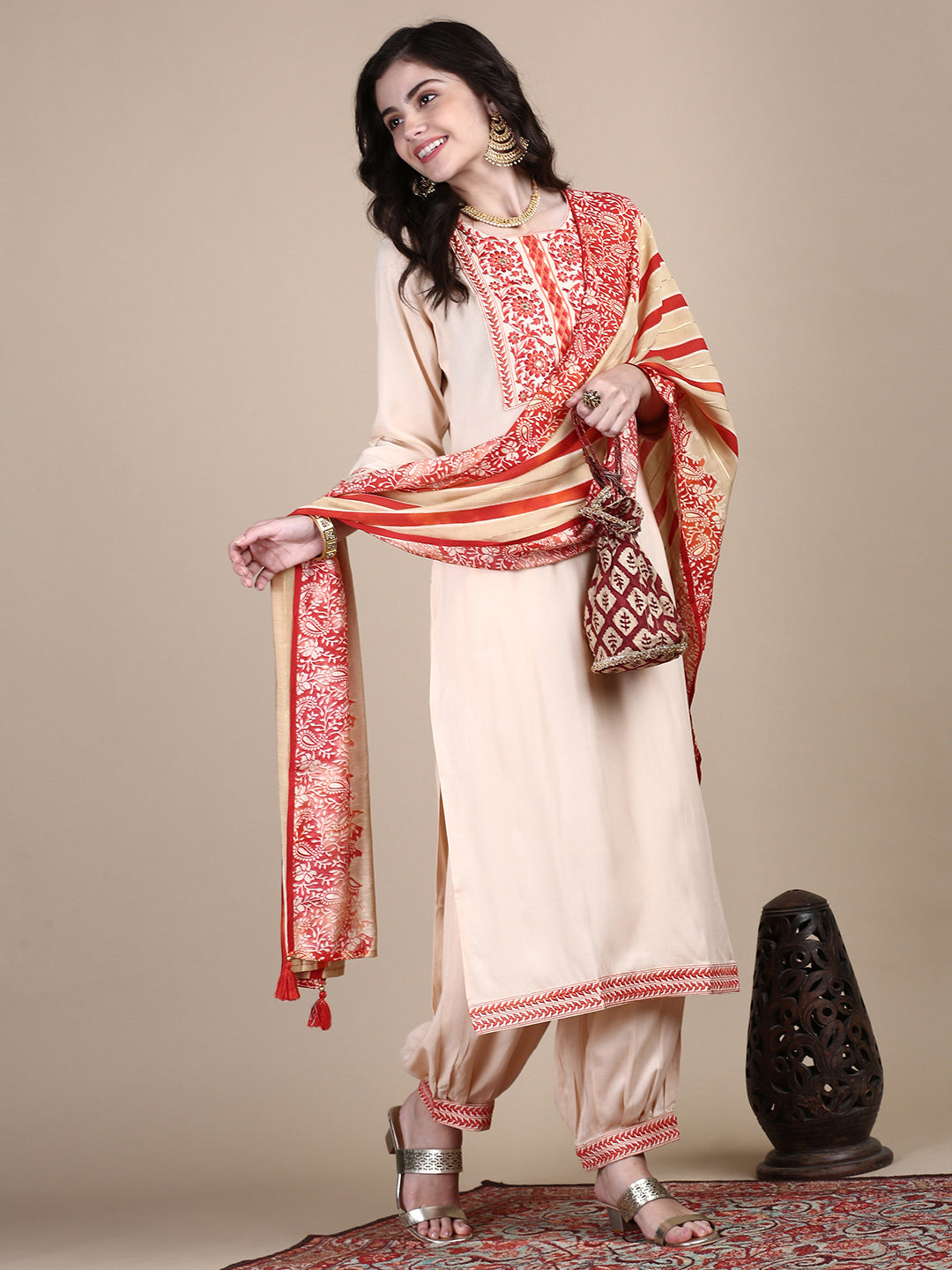 Women Solid Peach Straight Kurta Set with Dupatta