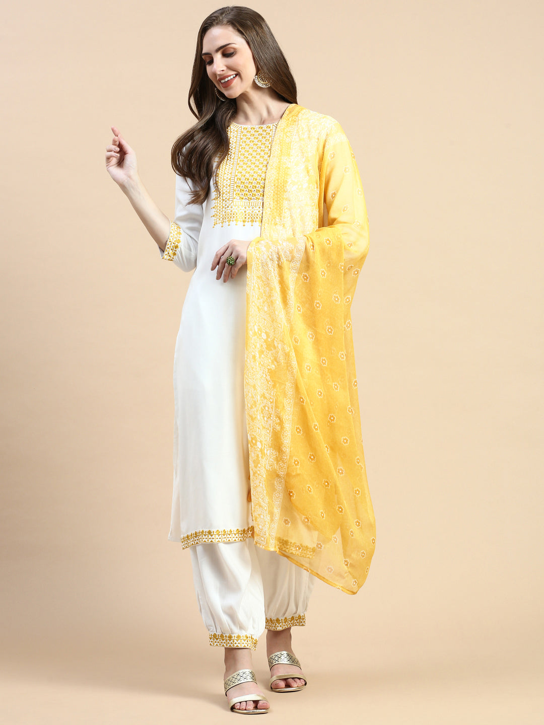 Women Solid Cream Straight Kurta Set with Dupatta