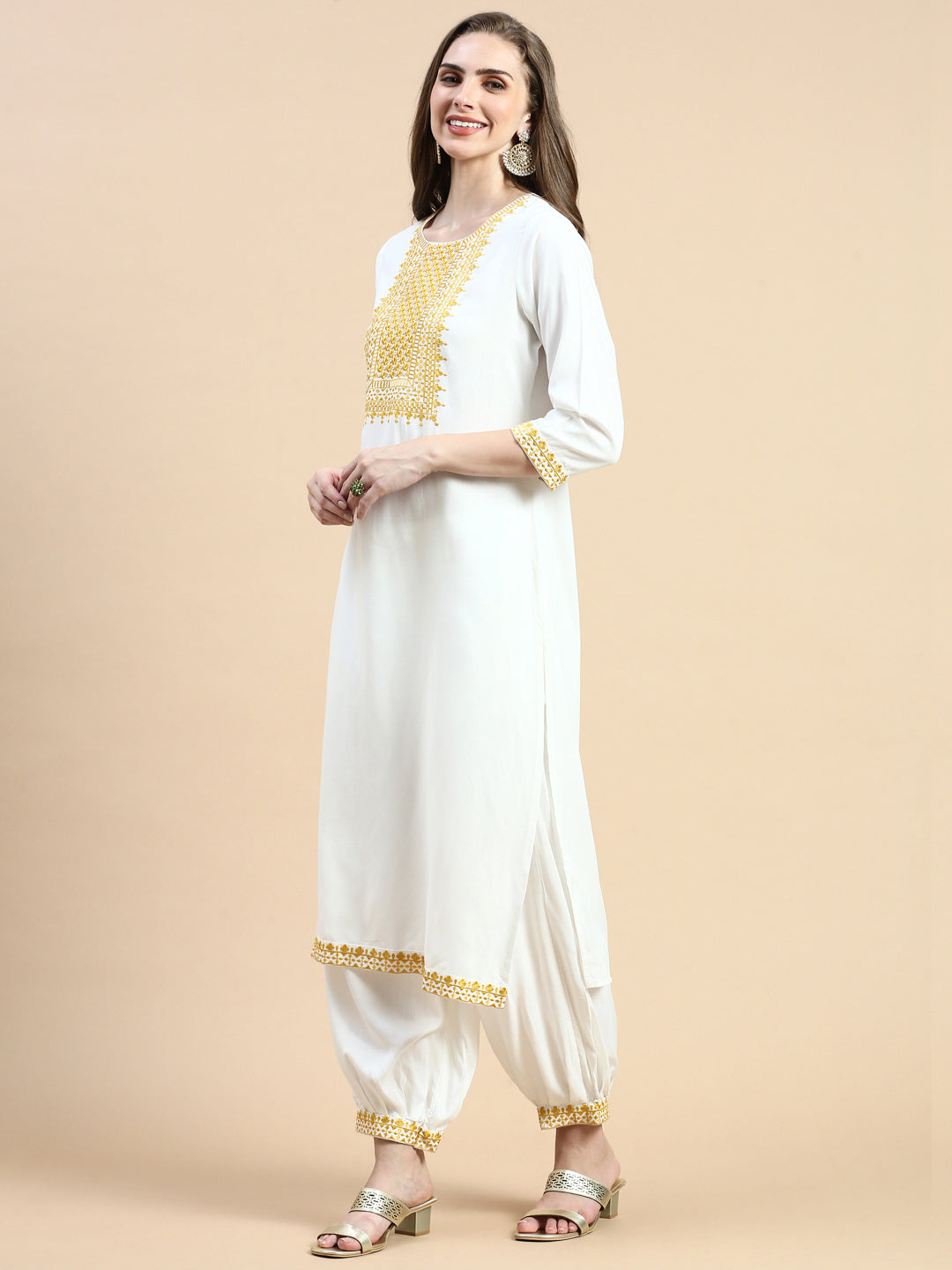 Women Solid Cream Straight Kurta Set with Dupatta