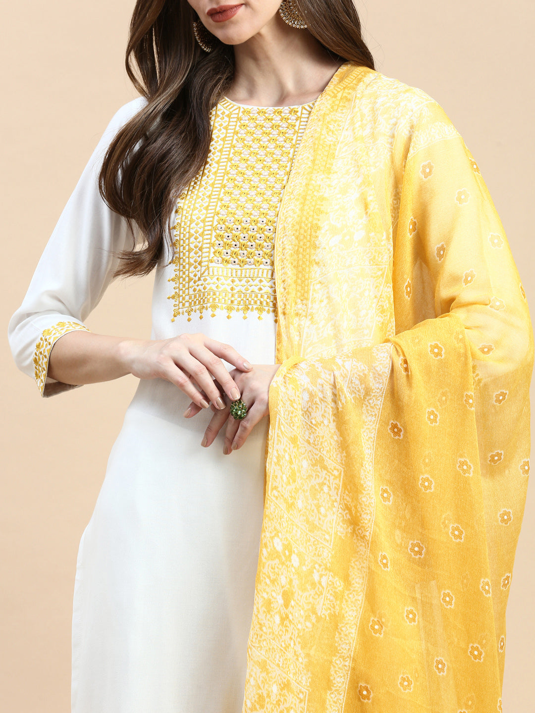 Women Solid Cream Straight Kurta Set with Dupatta