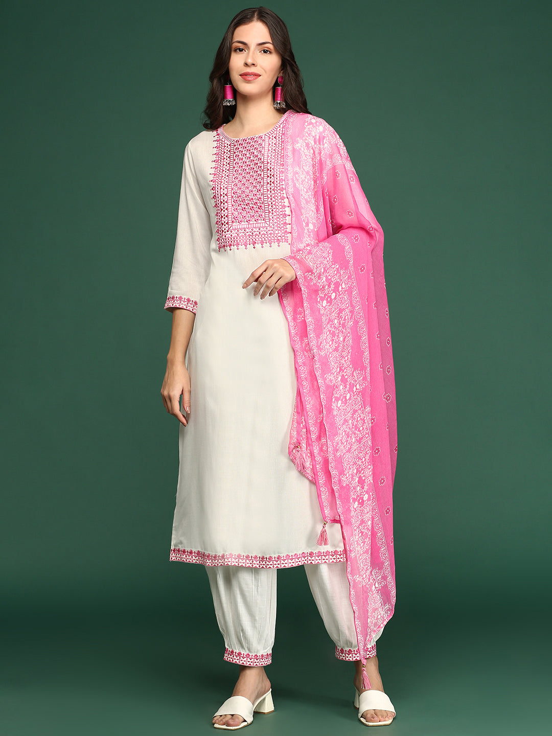 Women Solid White Straight Kurta Set with Dupatta