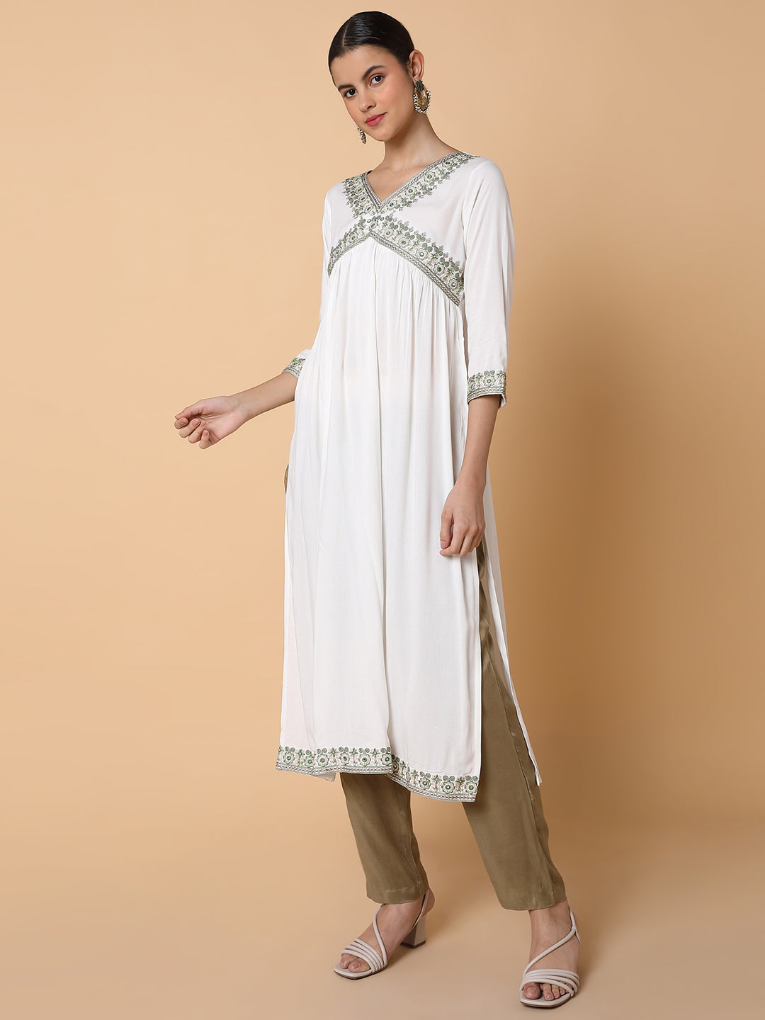 Women Solid Off White A Line Kurta with Duppatta