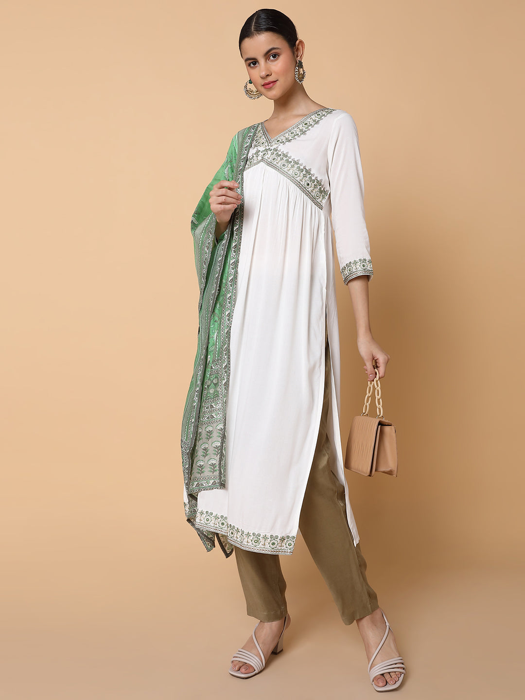 Women Solid Off White A Line Kurta with Duppatta