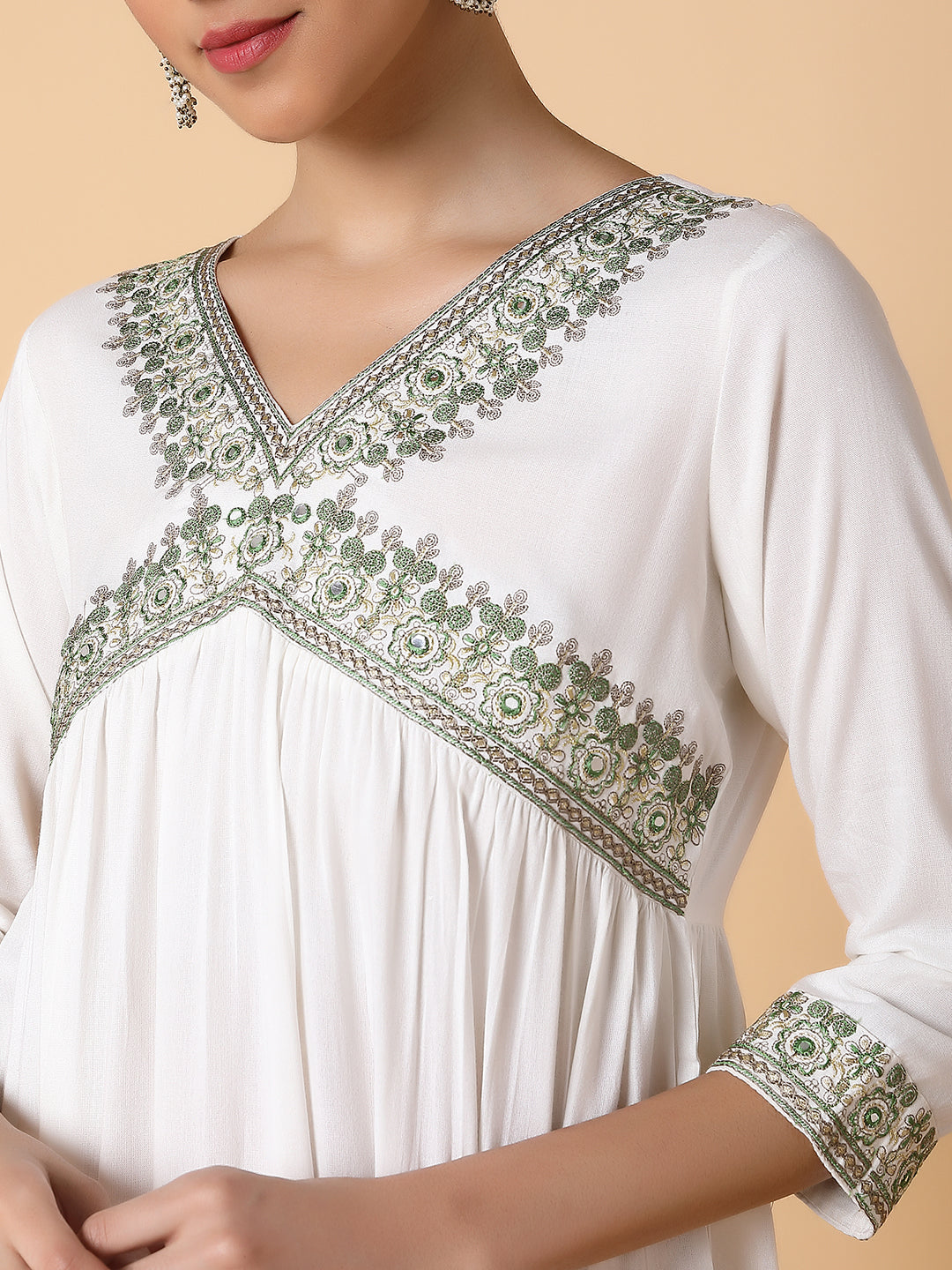 Women Solid Off White A Line Kurta with Duppatta