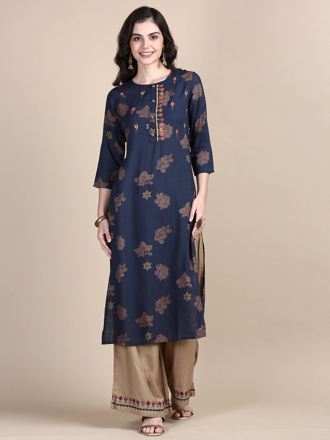 Women Floral Teal Straight Kurta Set