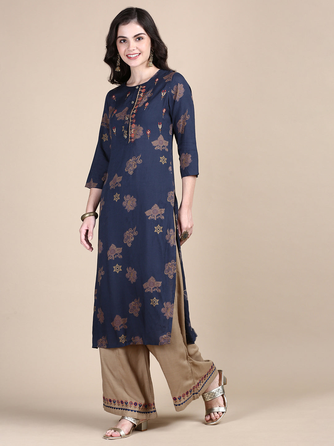 Women Floral Teal Straight Kurta Set