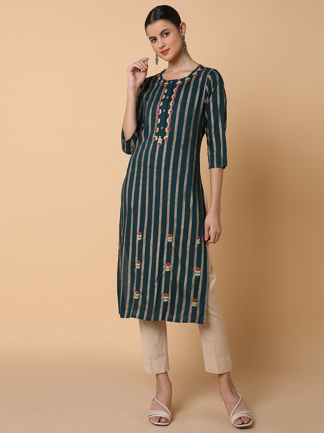 Women Striped Green Straight Kurta