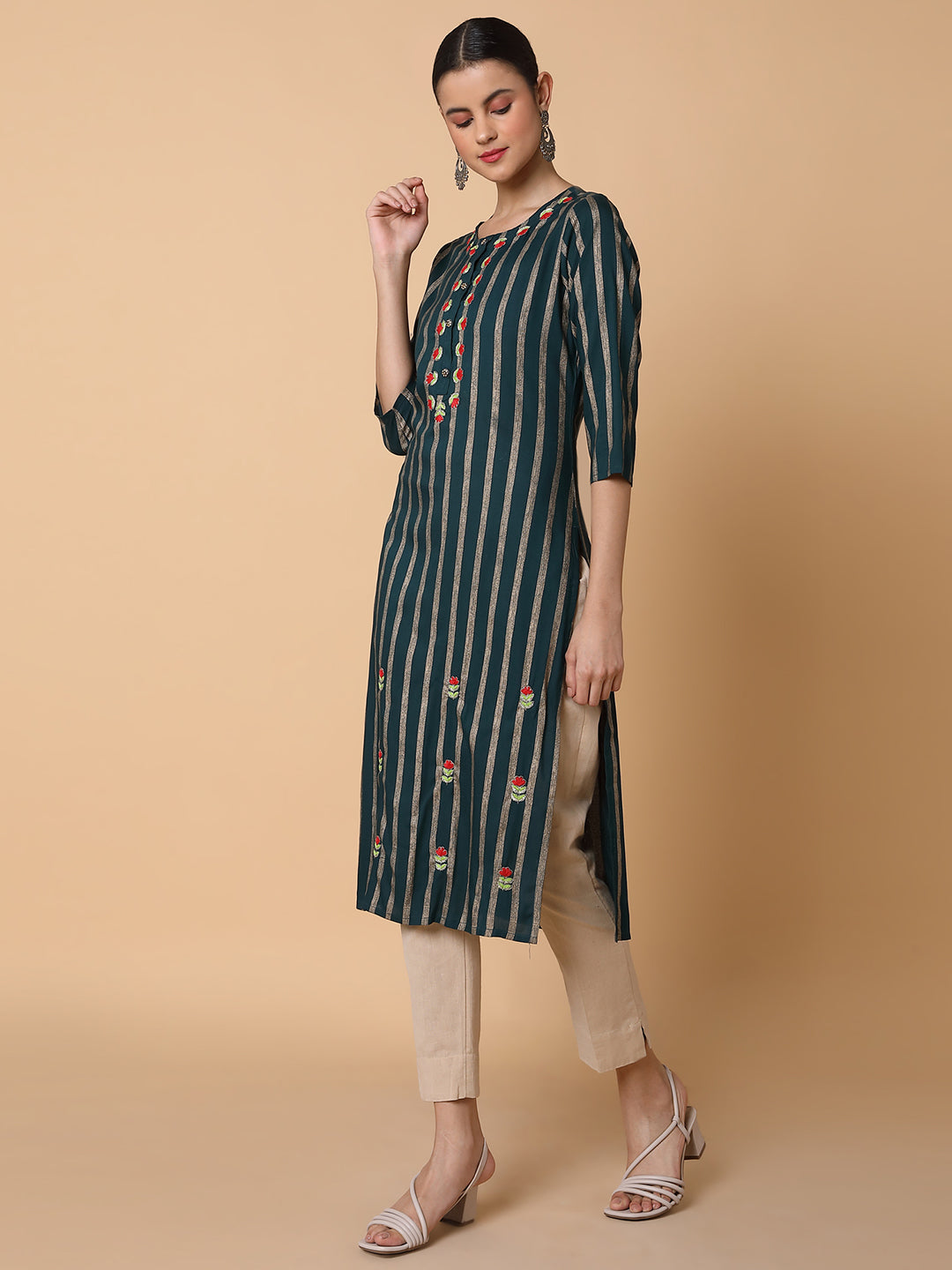 Women Striped Green Straight Kurta