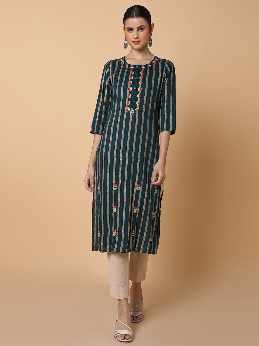 Women Striped Green Straight Kurta