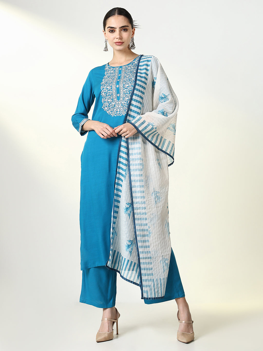 Women Solid Blue Straight Kurta Set with Dupatta