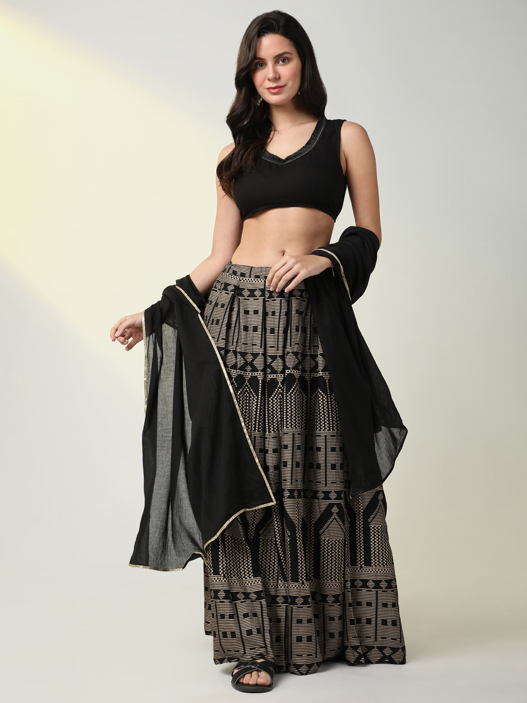 Women Solid Black Lehenga Choli with Dupatta