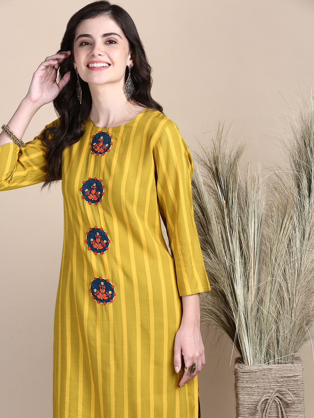 Women Striped Mustard Straight Kurta Set