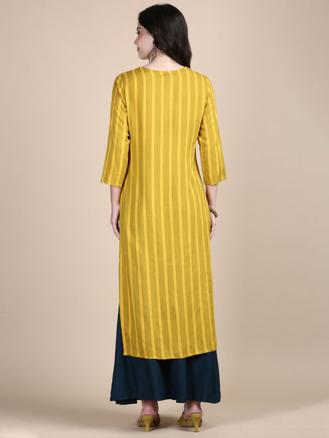 Women Striped Mustard Straight Kurta Set