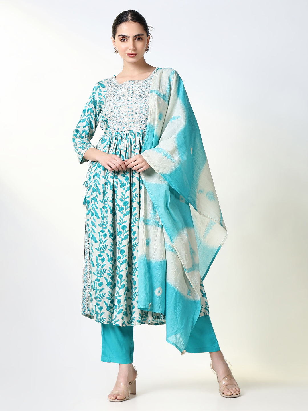 Women Floral Blue Anarkali Kurta Set with Dupatta