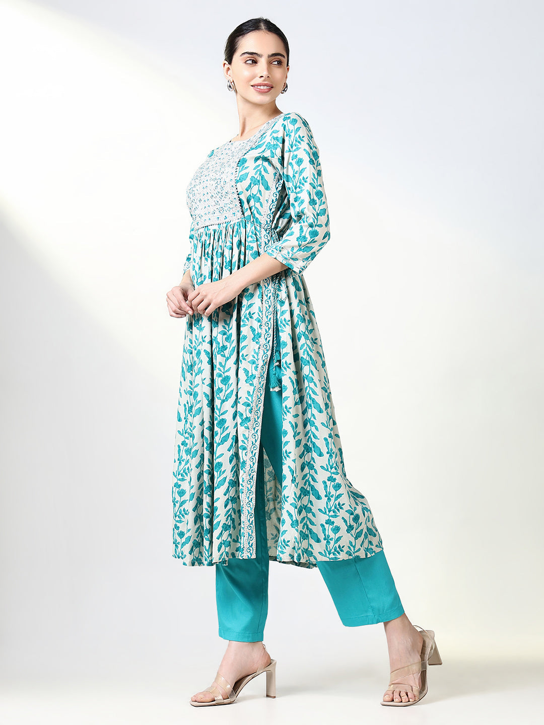 Women Floral Blue Anarkali Kurta Set with Dupatta