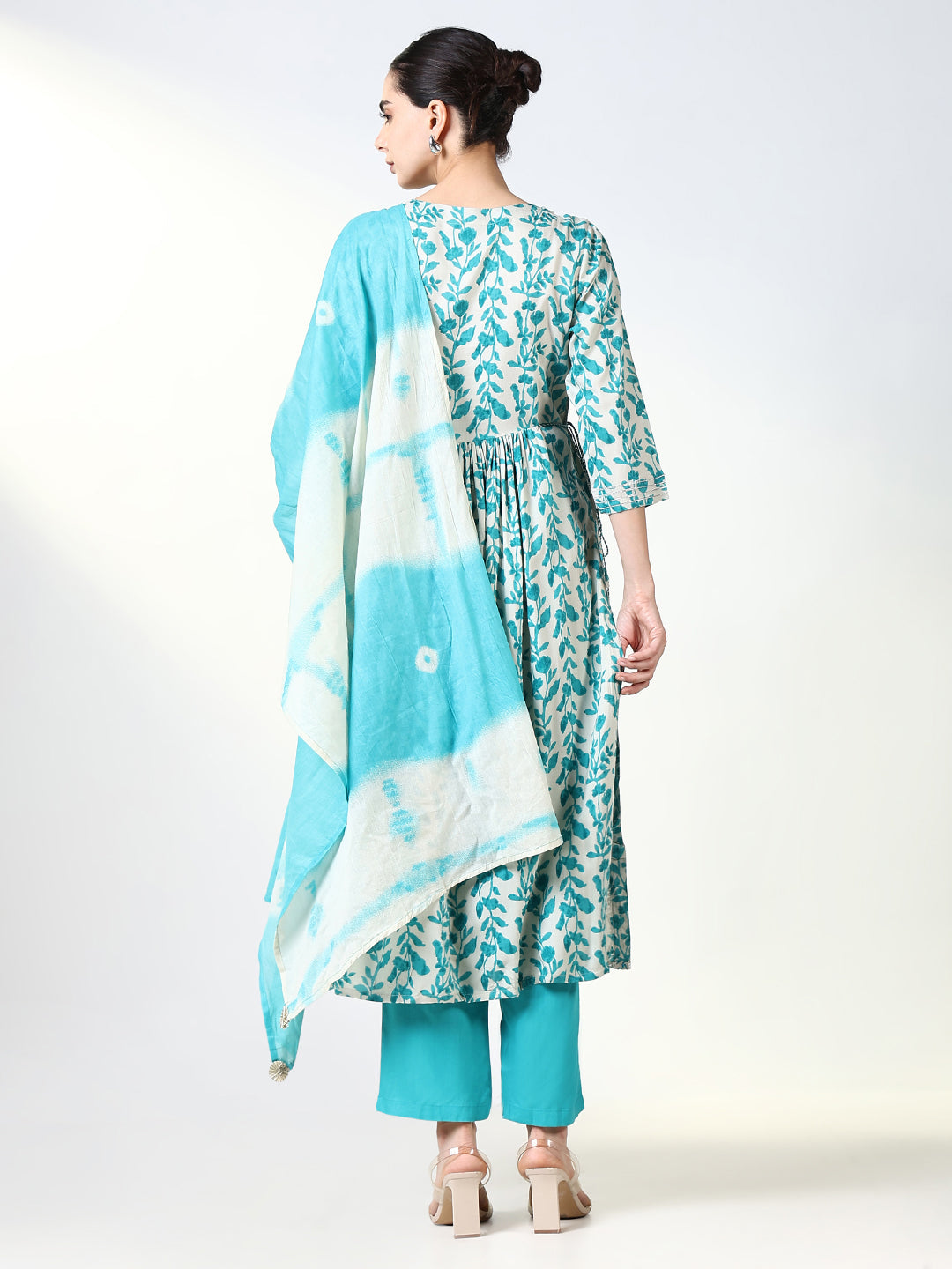 Women Floral Blue Anarkali Kurta Set with Dupatta