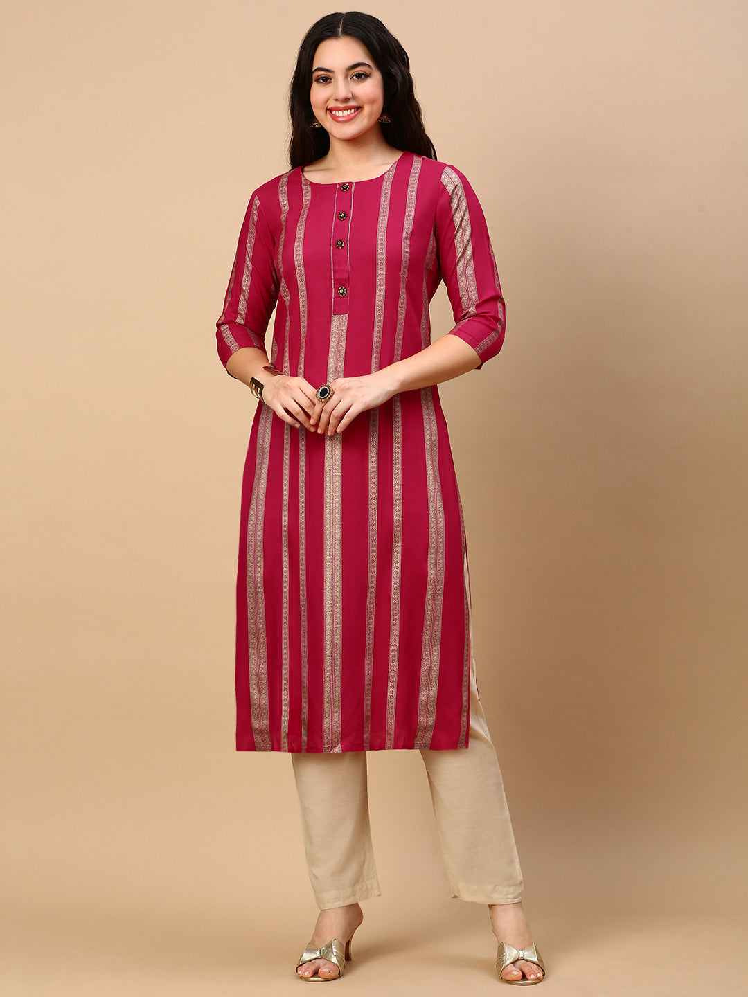 Women Pink Graphic Straight Kurta