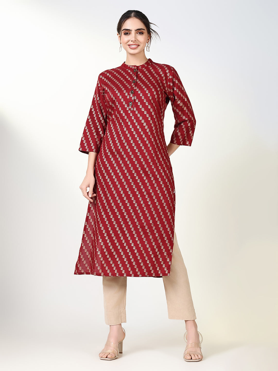 Women Maroon Graphic Straight Kurta