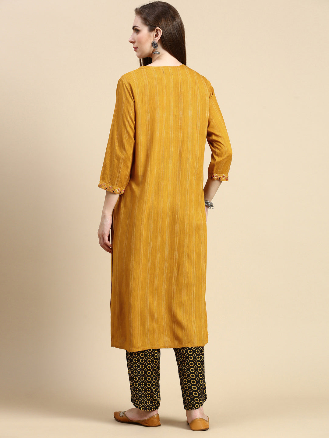 Women Striped Mustard Straight Kurta Set