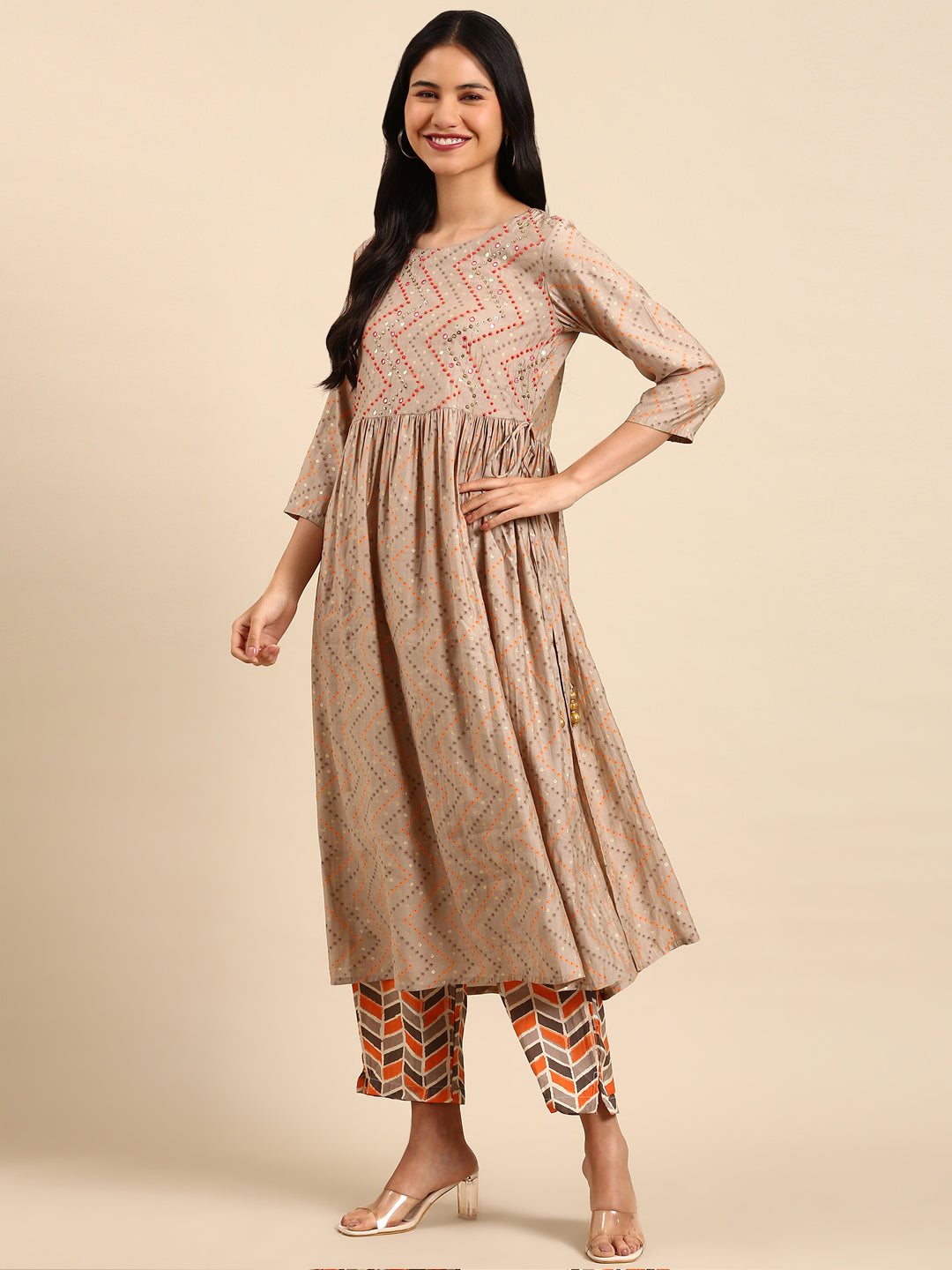 Women Bandhani Beige Anarkali Kurta Set with Dupatta