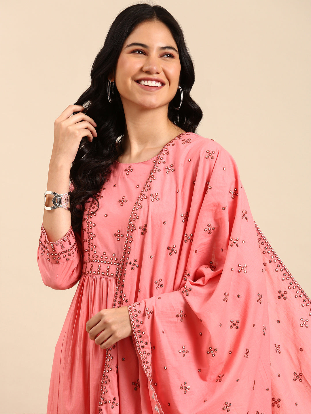 Women Solid Pink A-Line Kurta Set with Dupatta