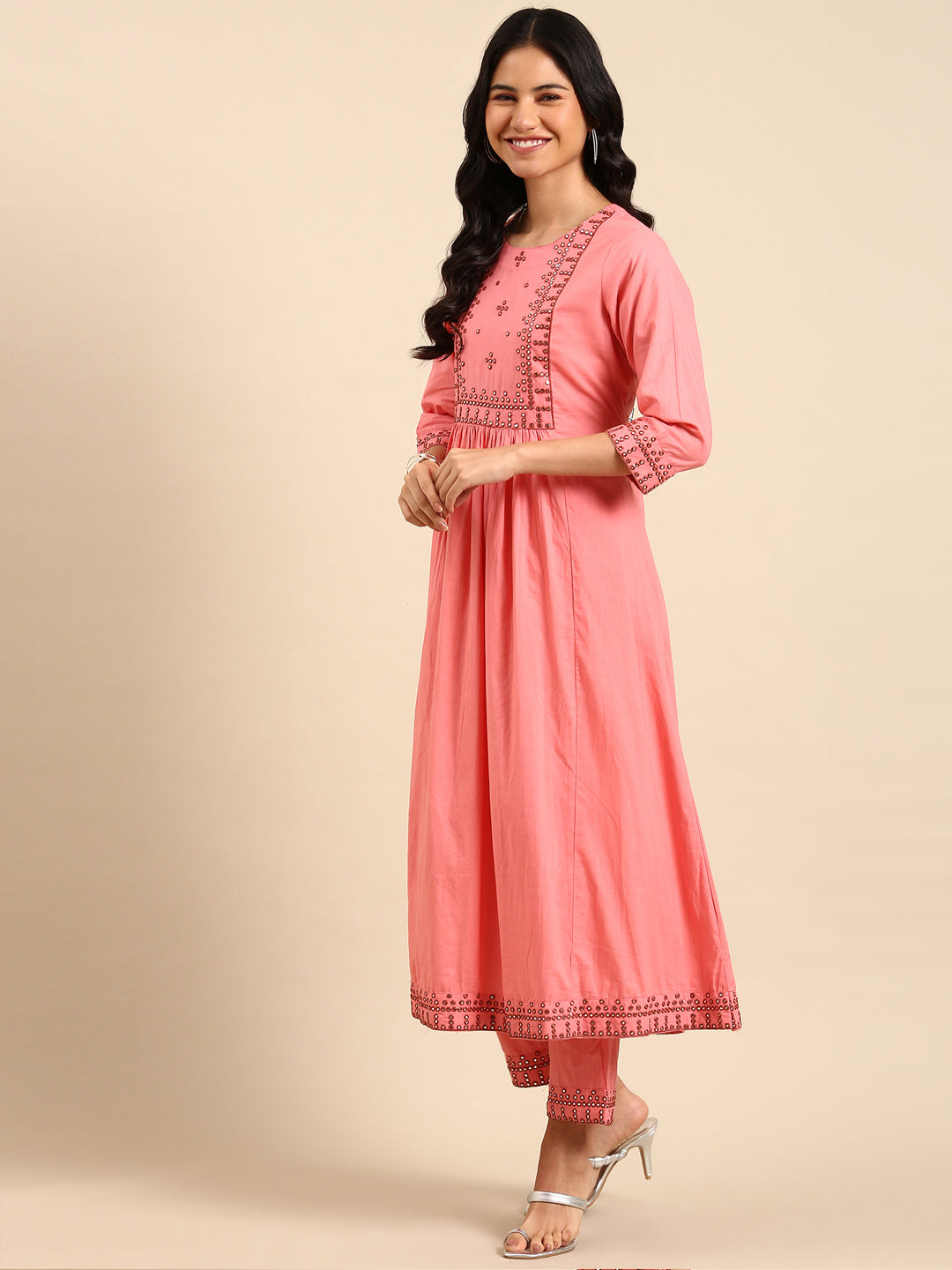 Women Solid Pink A-Line Kurta Set with Dupatta