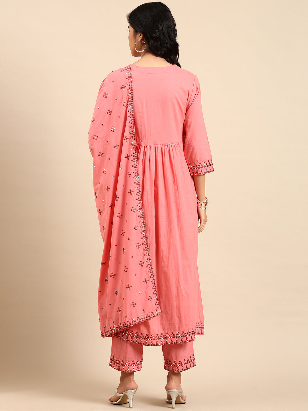 Women Solid Pink A-Line Kurta Set with Dupatta