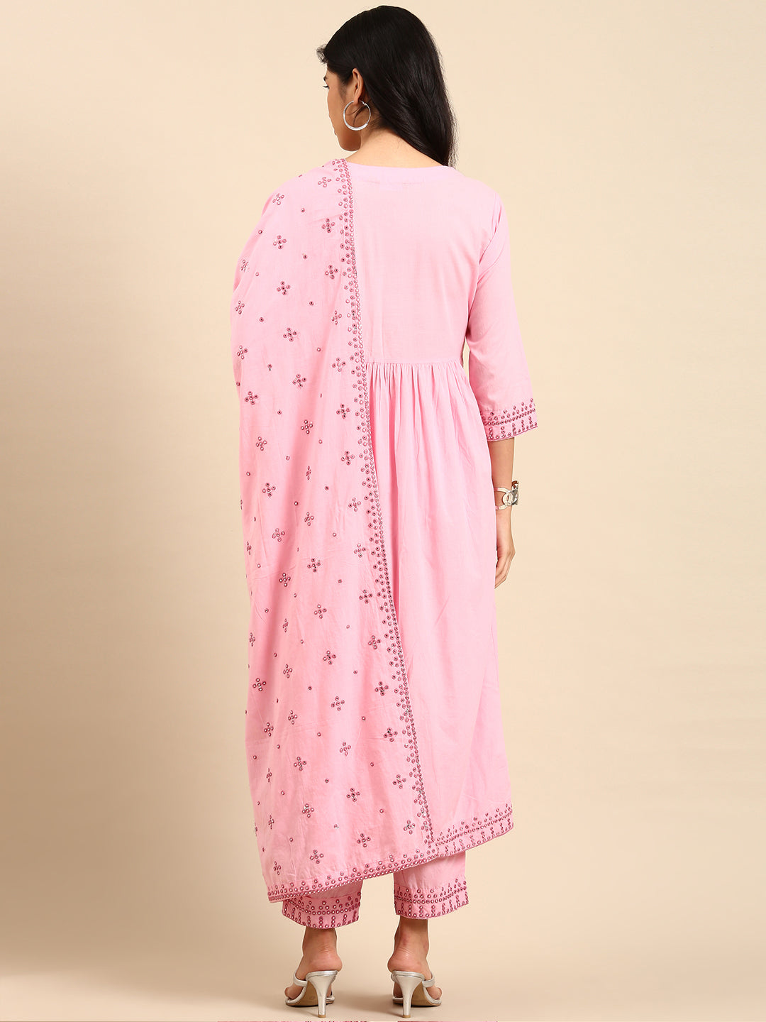 Women Solid Pink A-Line Kurta Set with Dupatta