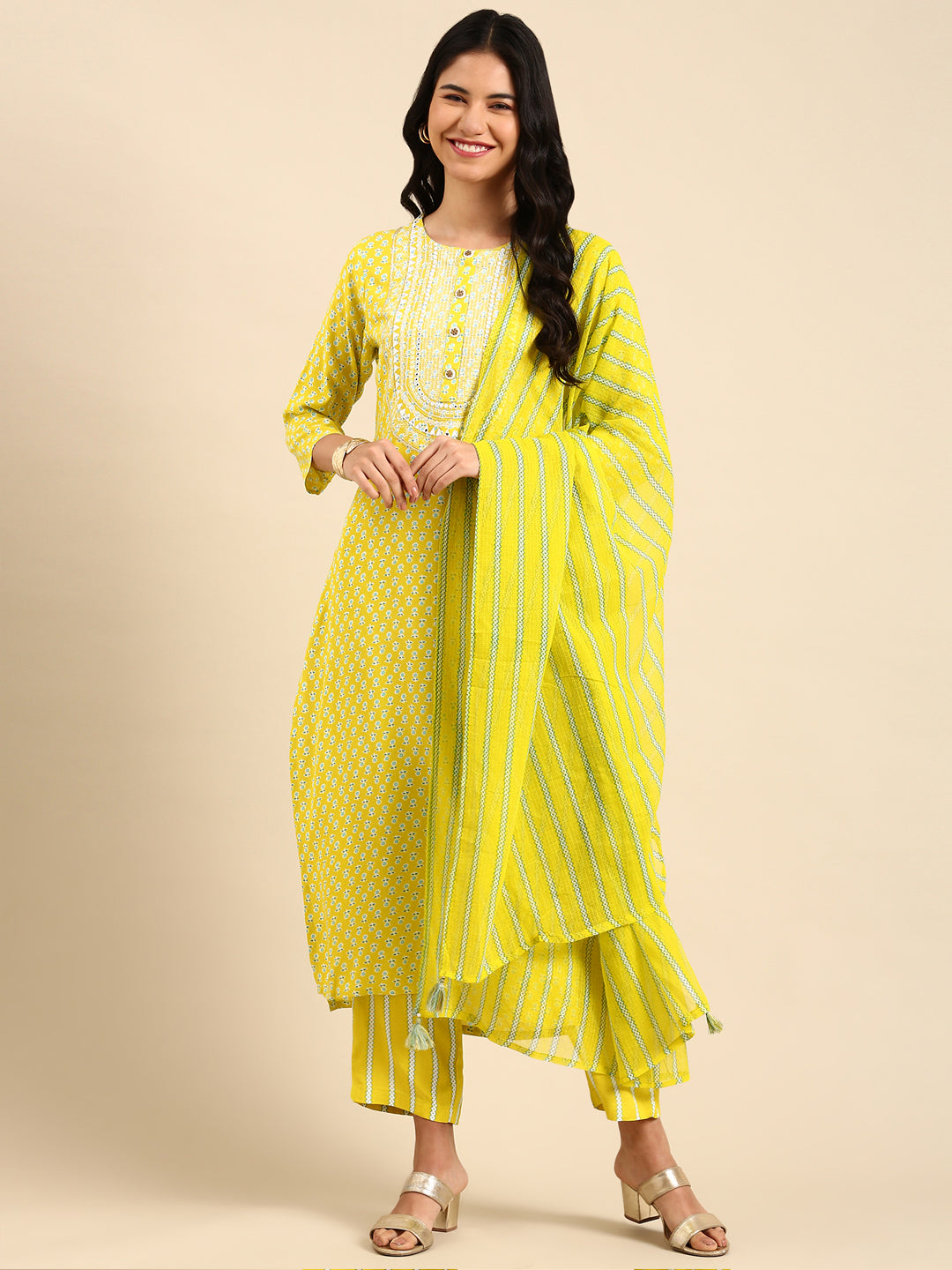 Women Floral Yellow Straight Kurta Set with Dupatta