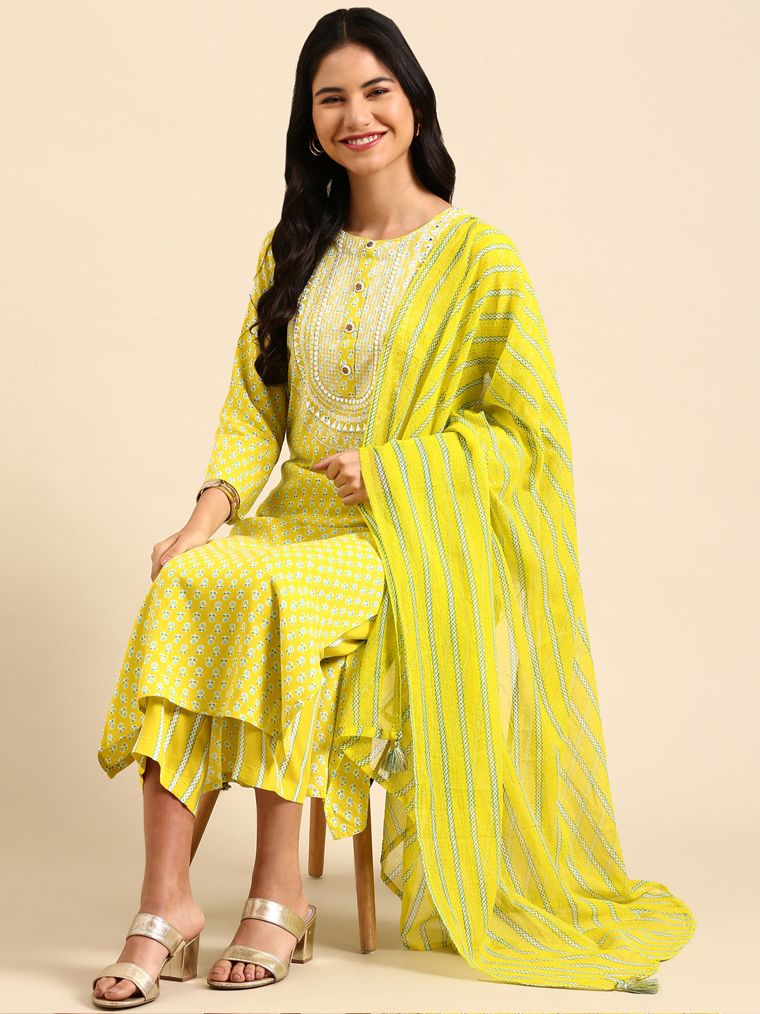 Women Floral Yellow Straight Kurta Set with Dupatta