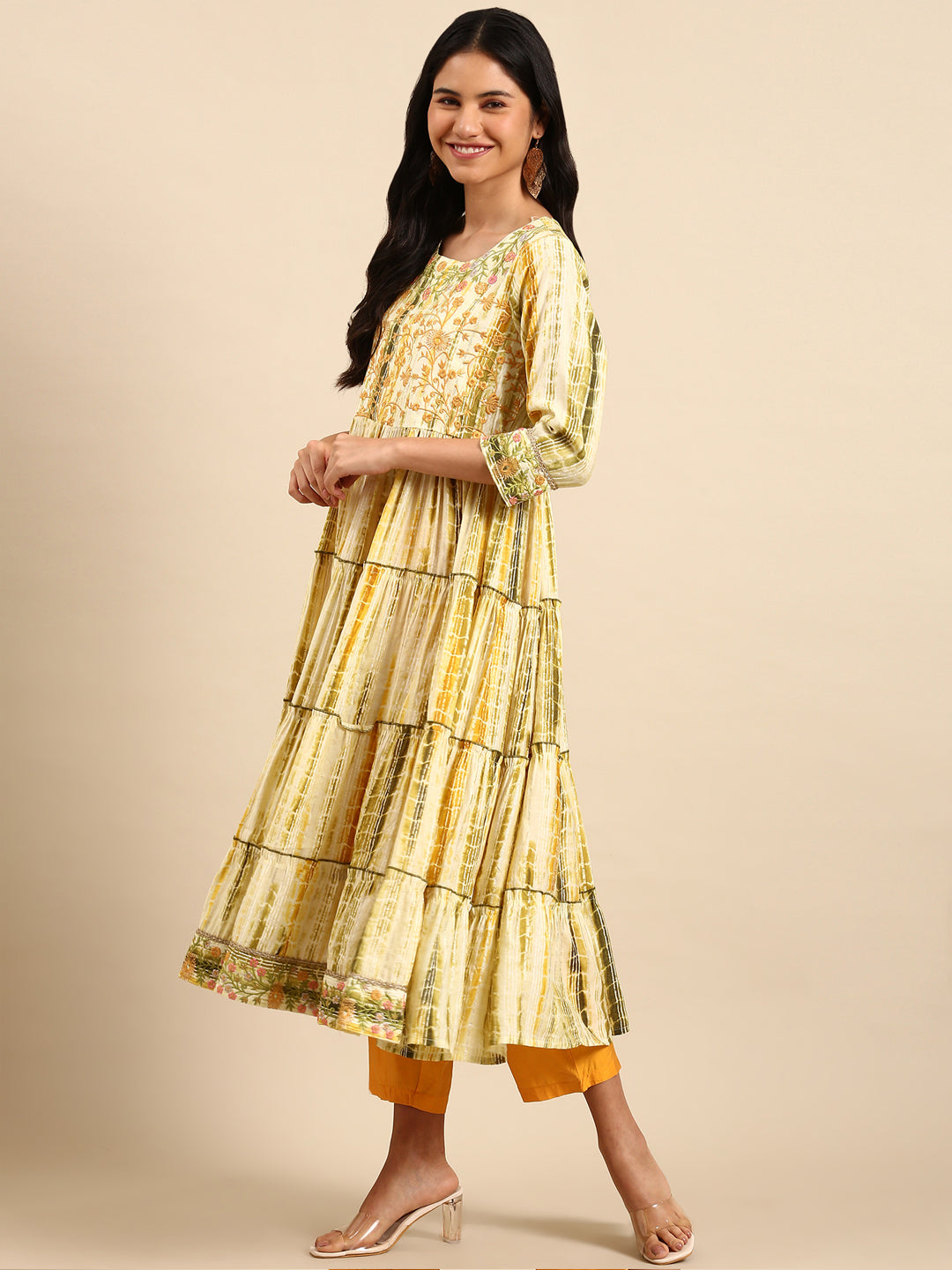 Women Striped Cream Anarkali Kurta Set with Dupatta