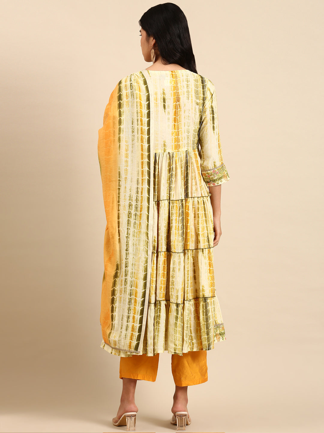 Women Striped Cream Anarkali Kurta Set with Dupatta