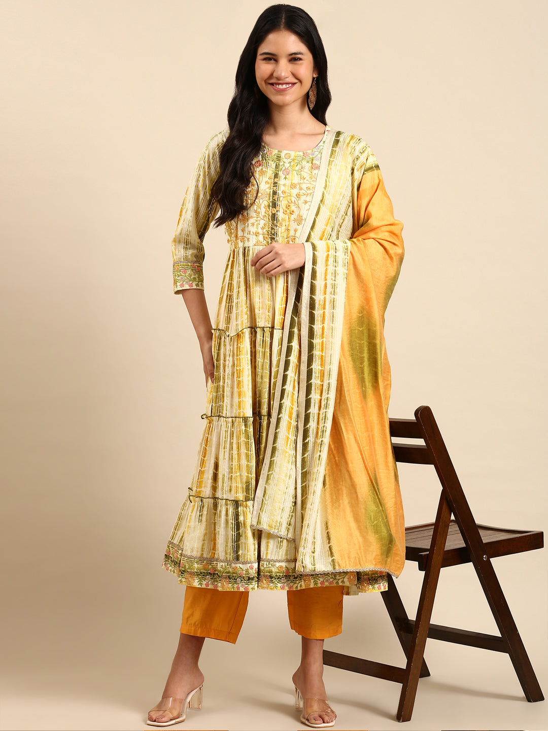 Women Striped Cream Anarkali Kurta Set with Dupatta