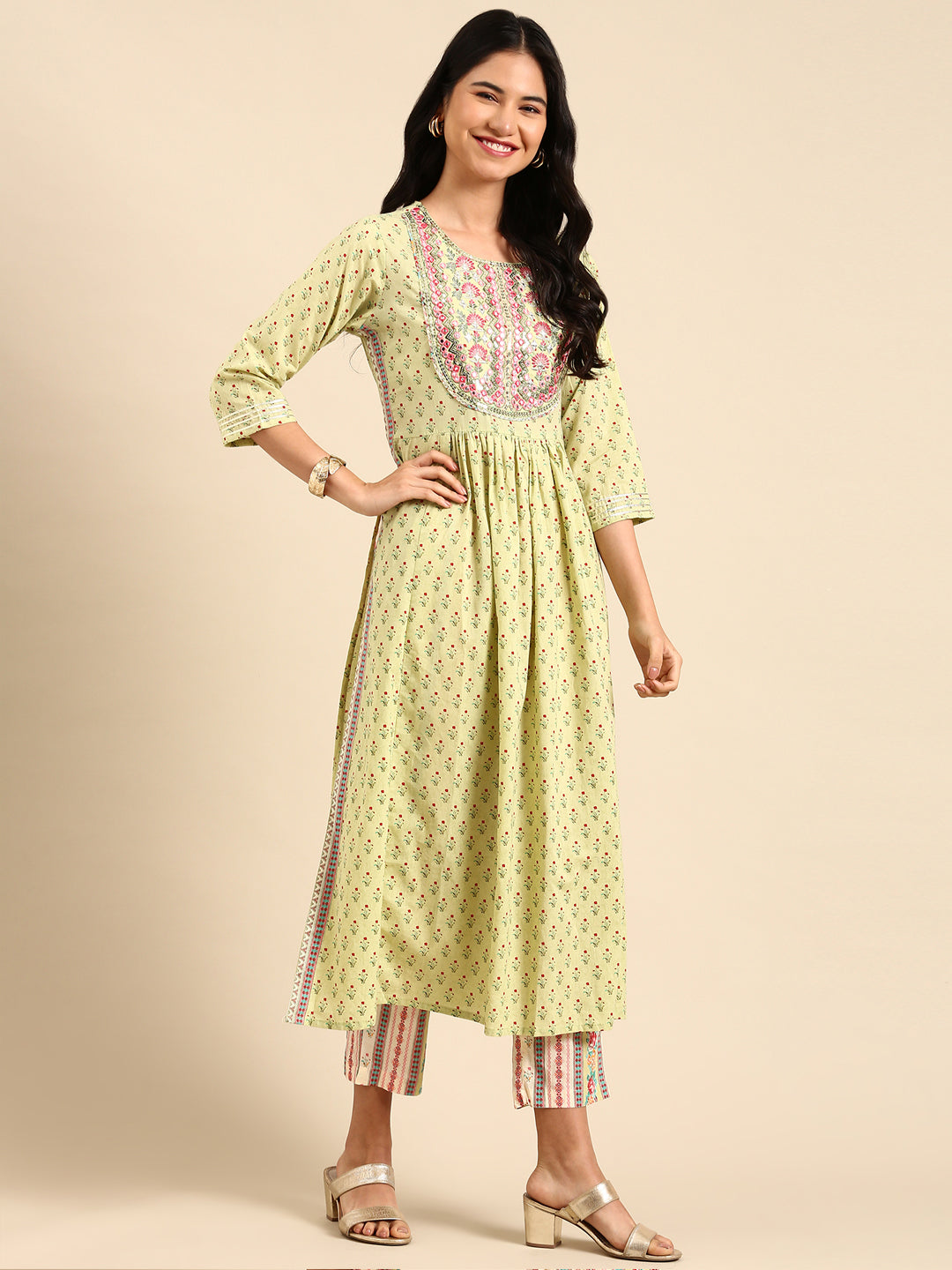 Women Floral Green Anarkali Kurta Set with Dupatta