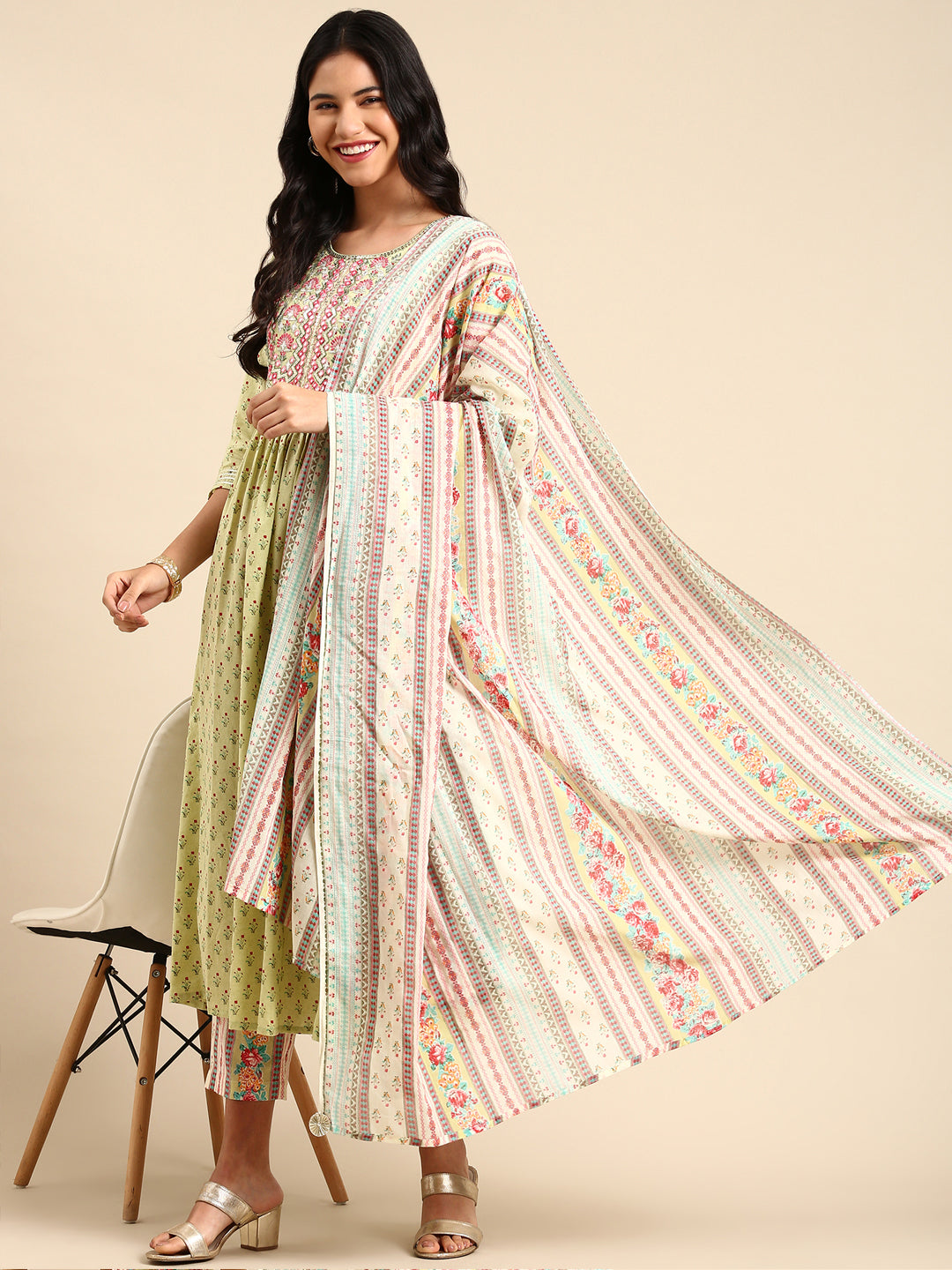 Women Floral Green Anarkali Kurta Set with Dupatta