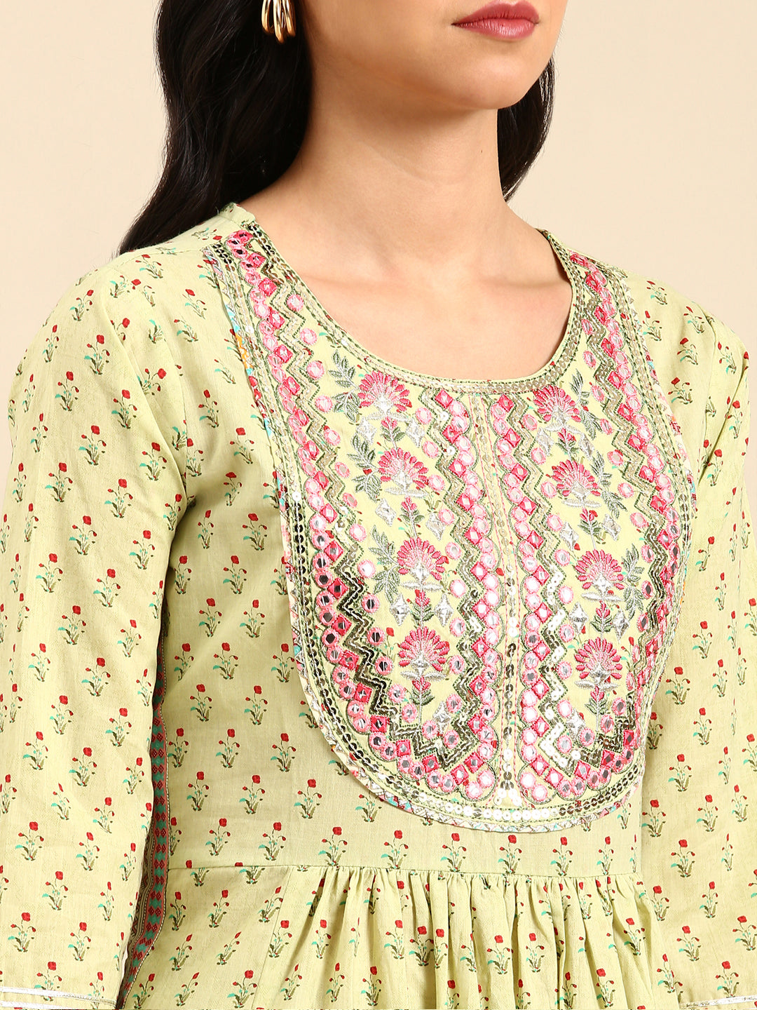 Women Floral Green Anarkali Kurta Set with Dupatta