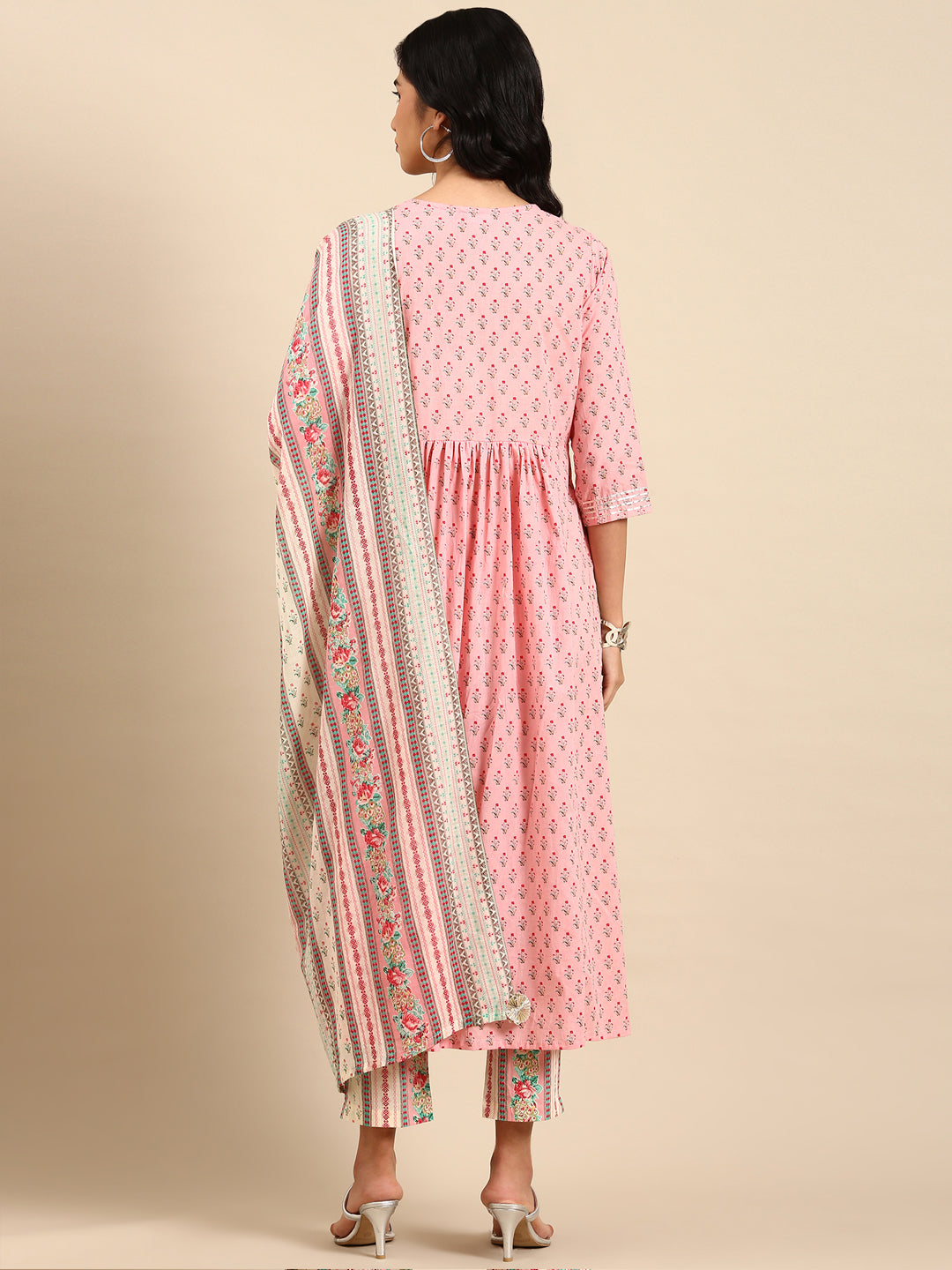 Women Floral Pink Anarkali Kurta Set with Dupatta