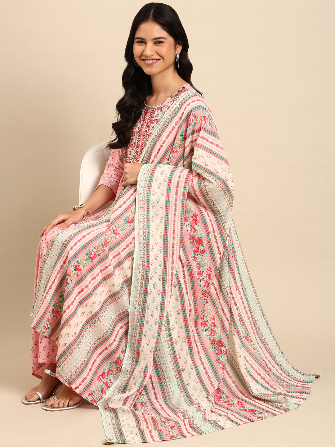 Women Floral Pink Anarkali Kurta Set with Dupatta