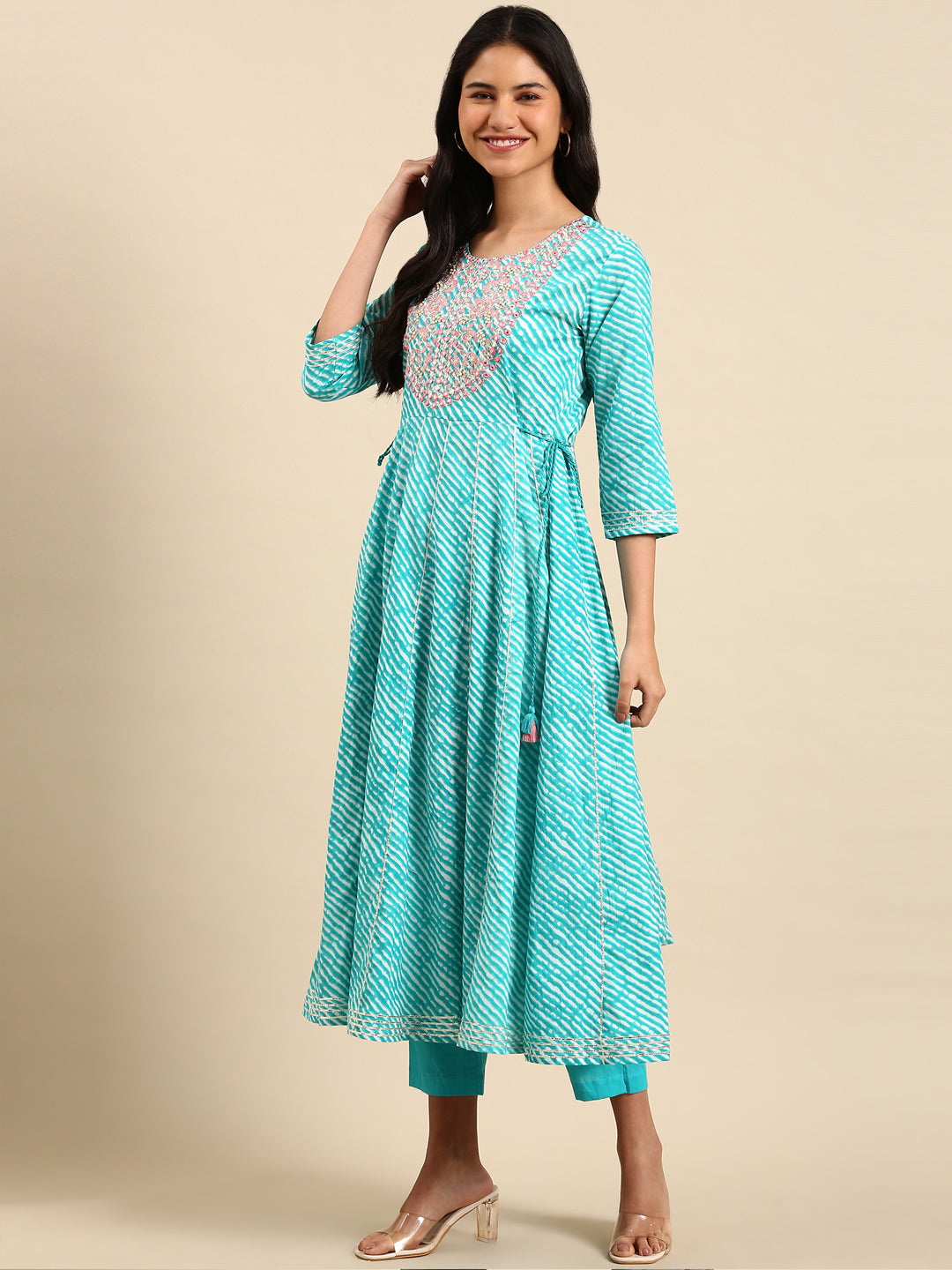 Women Leheriya Blue Anarkali Kurta Set with Dupatta