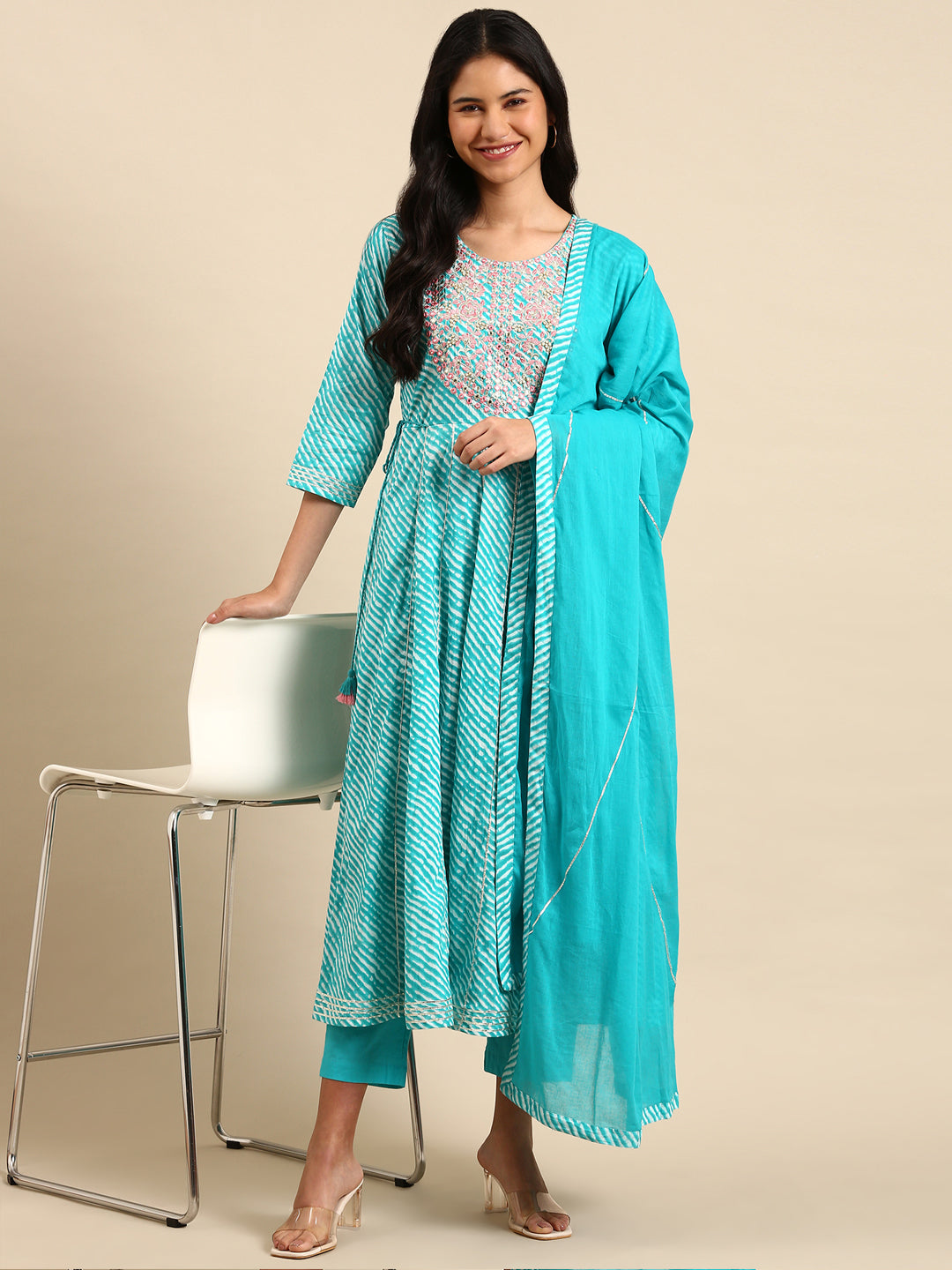 Women Leheriya Blue Anarkali Kurta Set with Dupatta