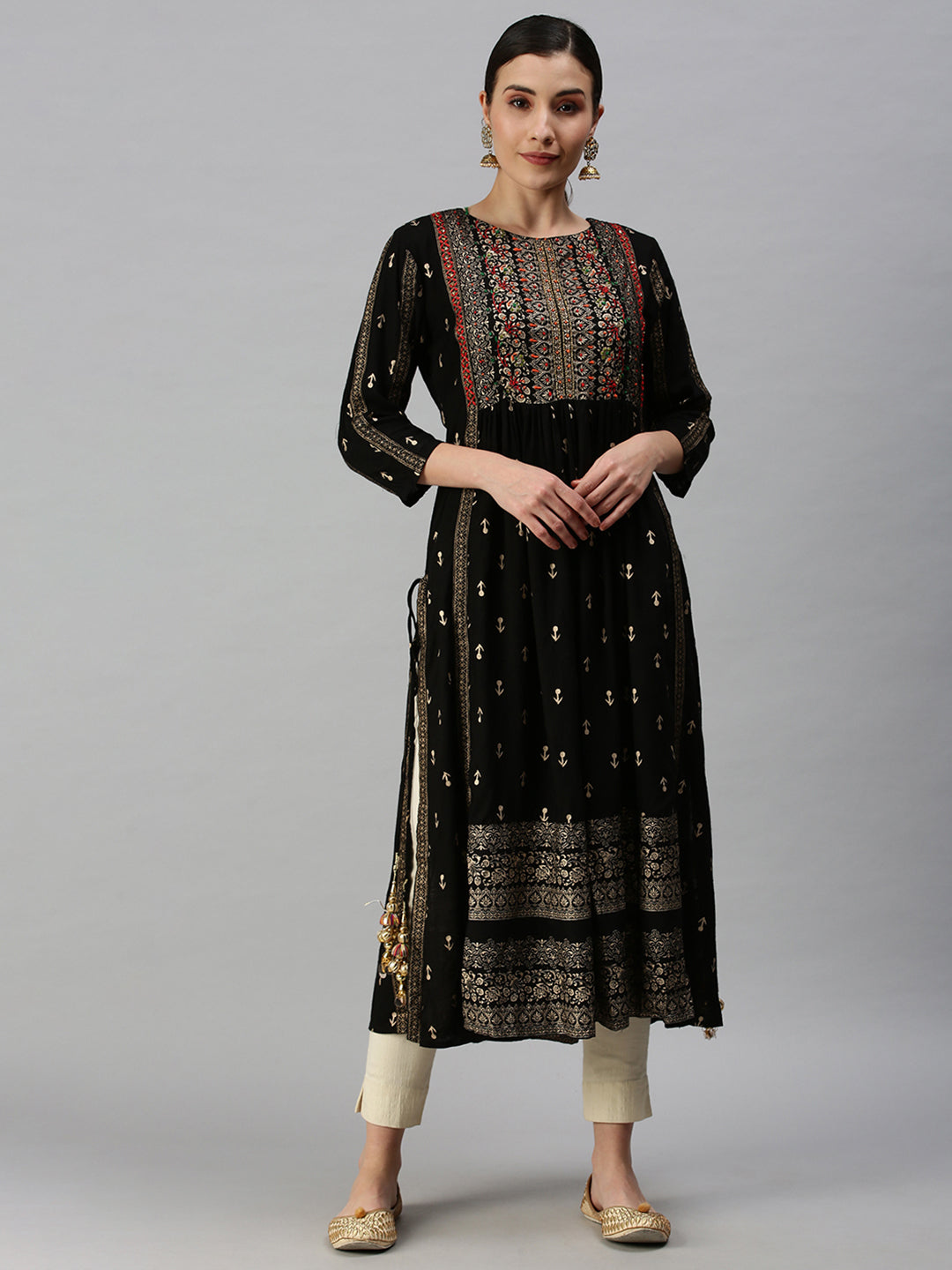 Women Printed Black Straight Kurta