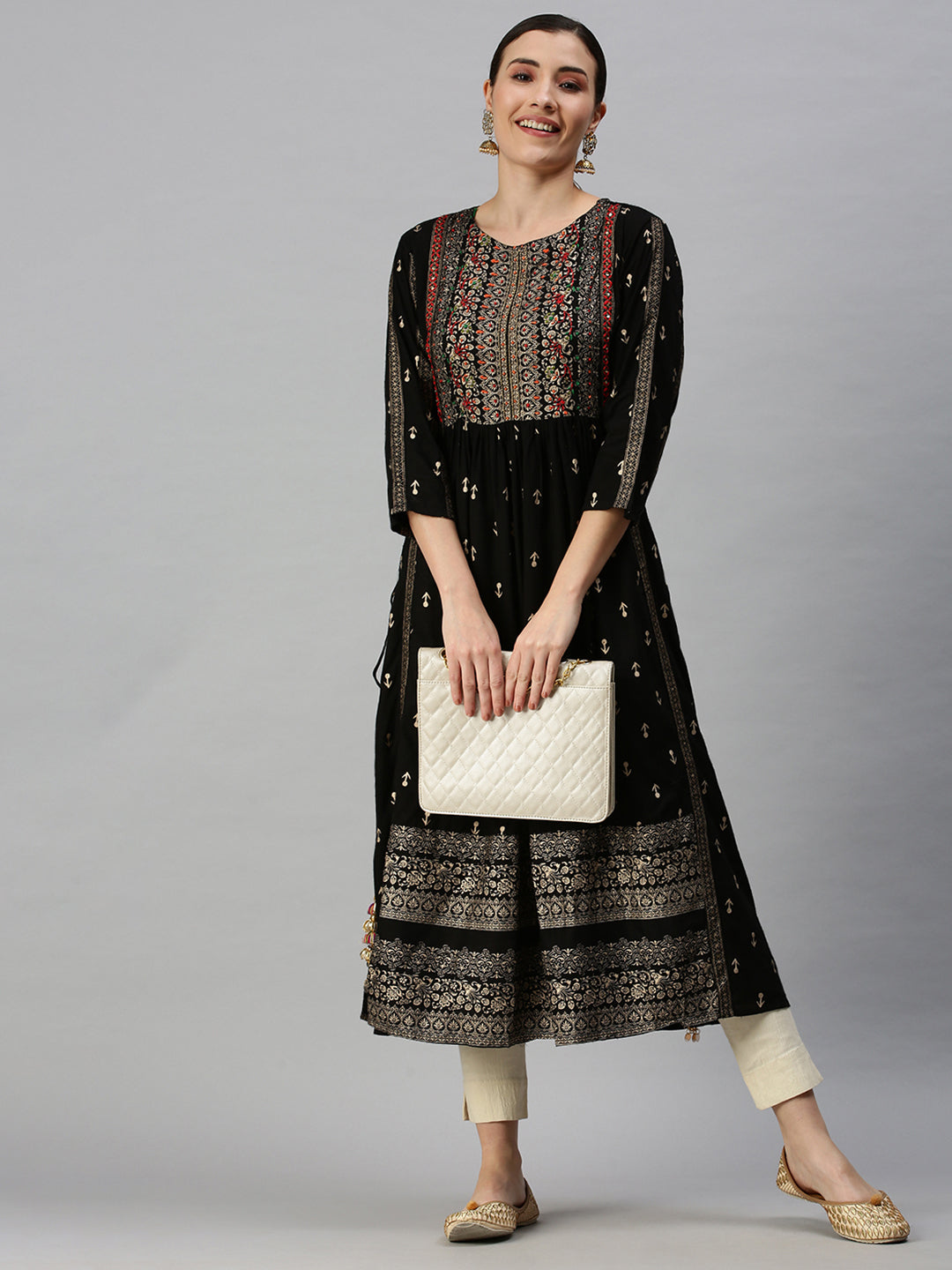 Women Printed Black Straight Kurta