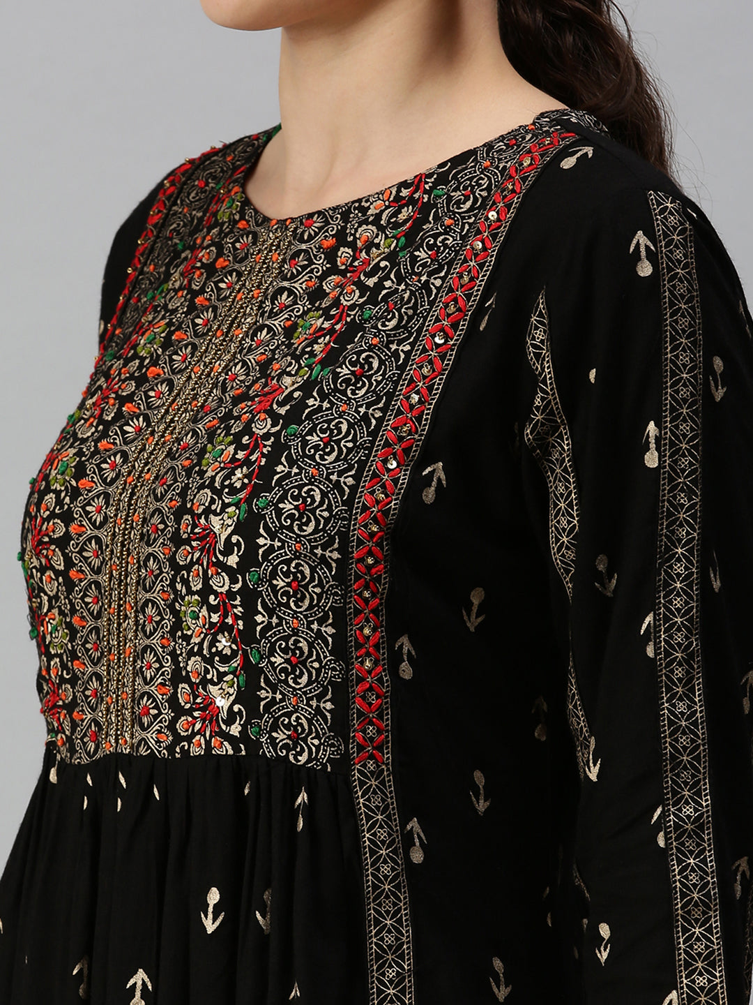 Women Printed Black Straight Kurta