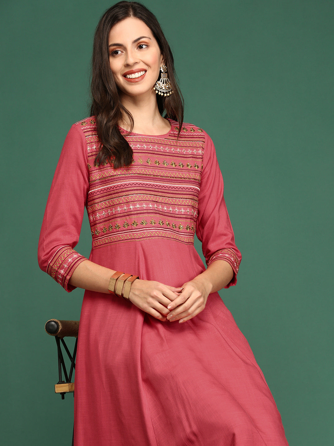 Women Yoke Design Pink Anarkali Kurta