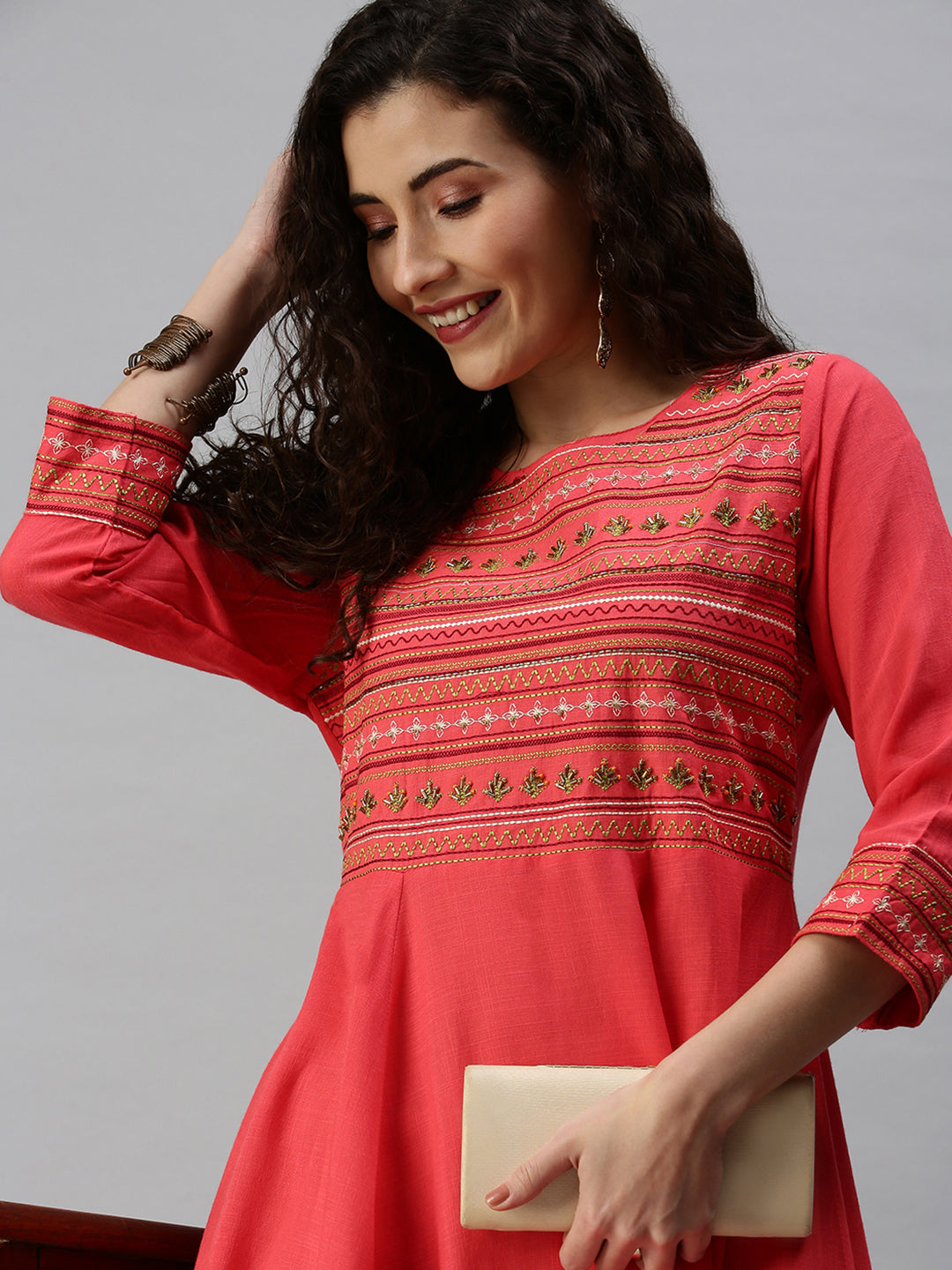 Women Yoke Design Pink Anarkali Kurta