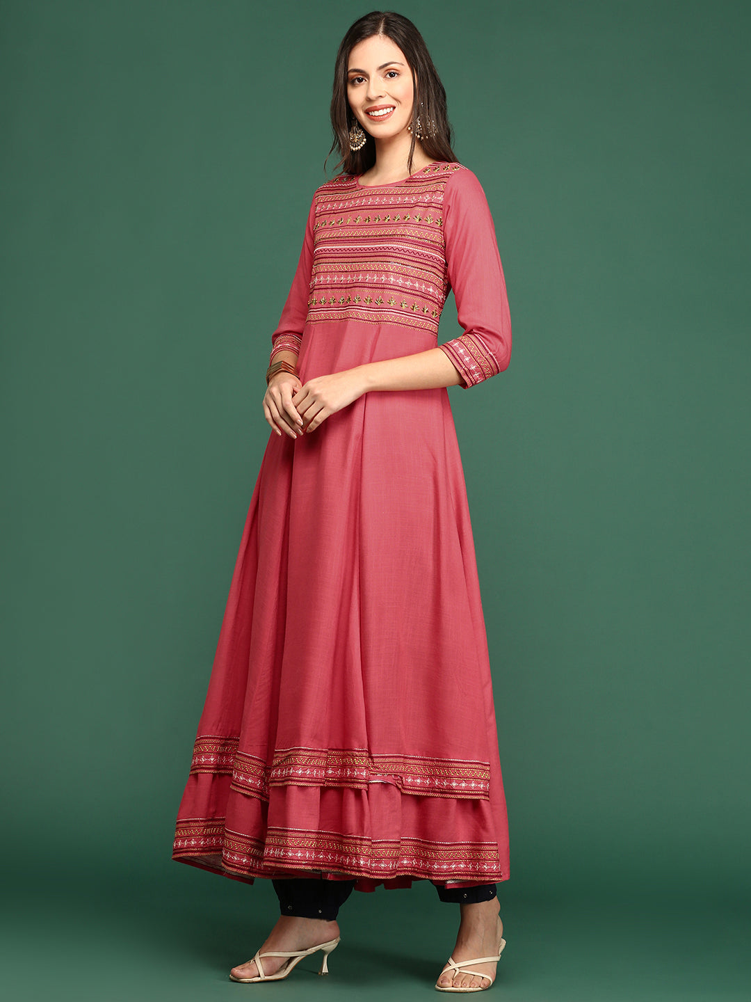 Women Yoke Design Pink Anarkali Kurta