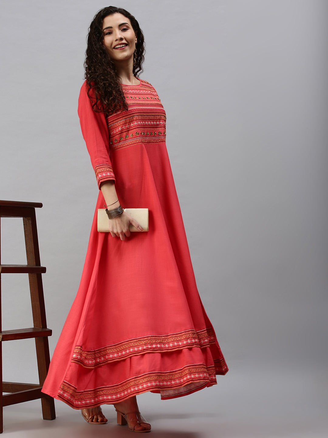 Women Yoke Design Pink Anarkali Kurta