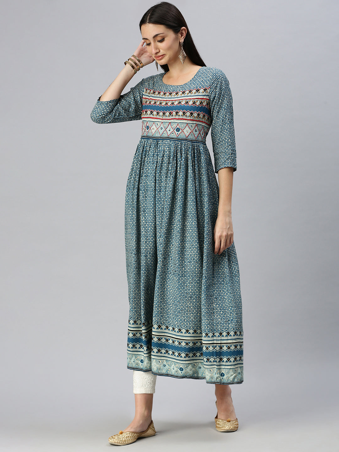 Women Printed Blue Anarkali Kurta