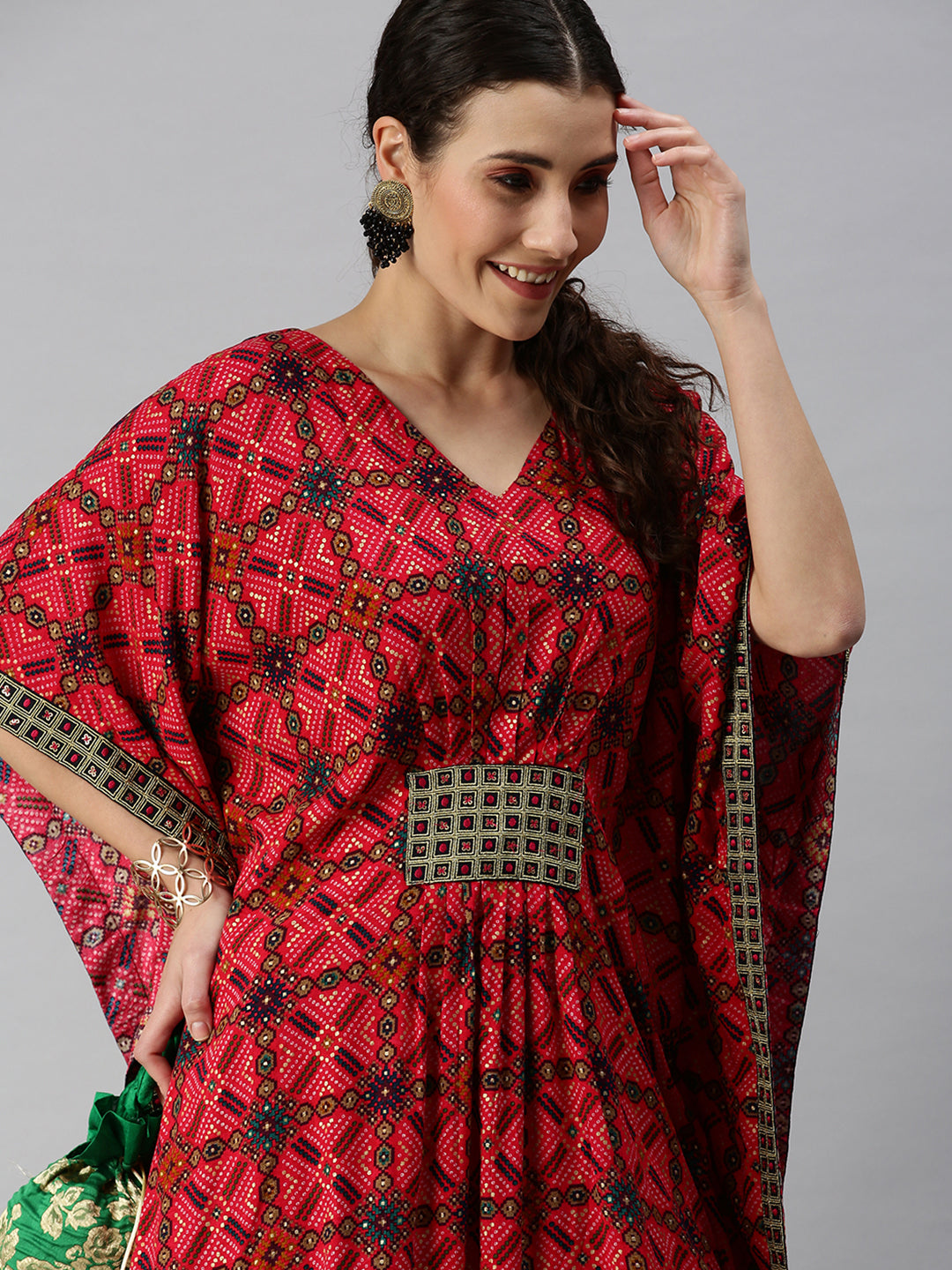 Women V-Neck Printed Pink Kaftan Kurta