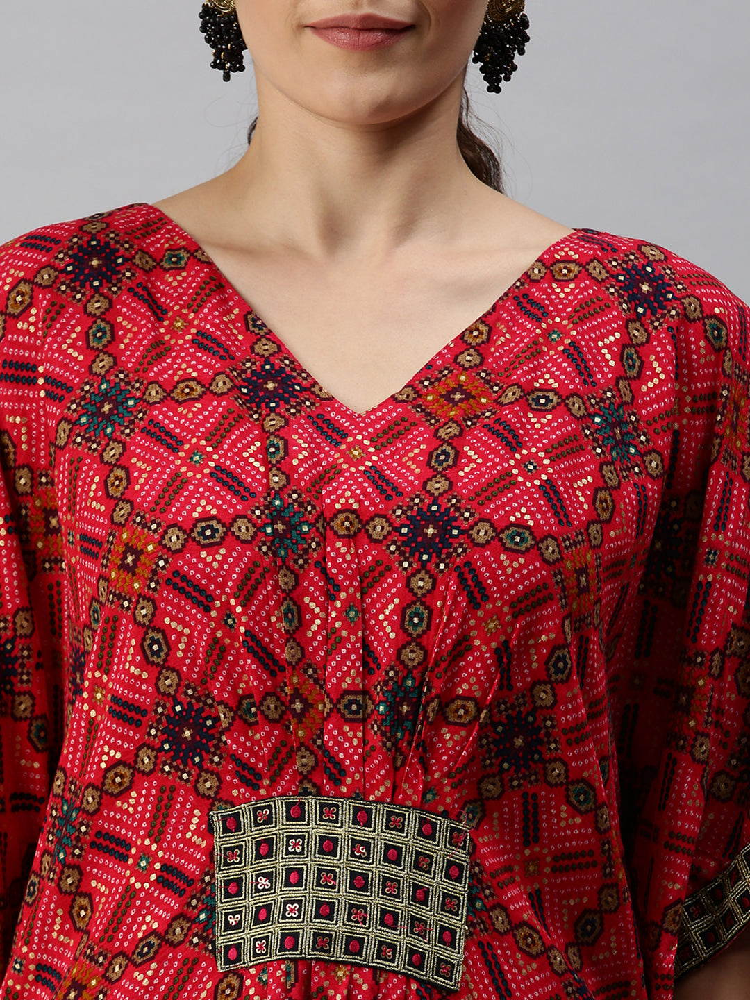 Women V-Neck Printed Pink Kaftan Kurta